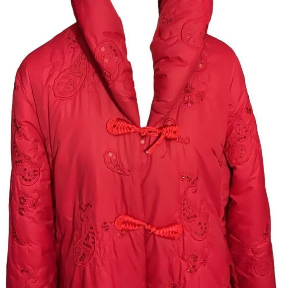 Hwei Na Si Vintage Red Silk Puffer Coat Embroidered Sequin Frog Closures XXXL - Picture 2 of 8